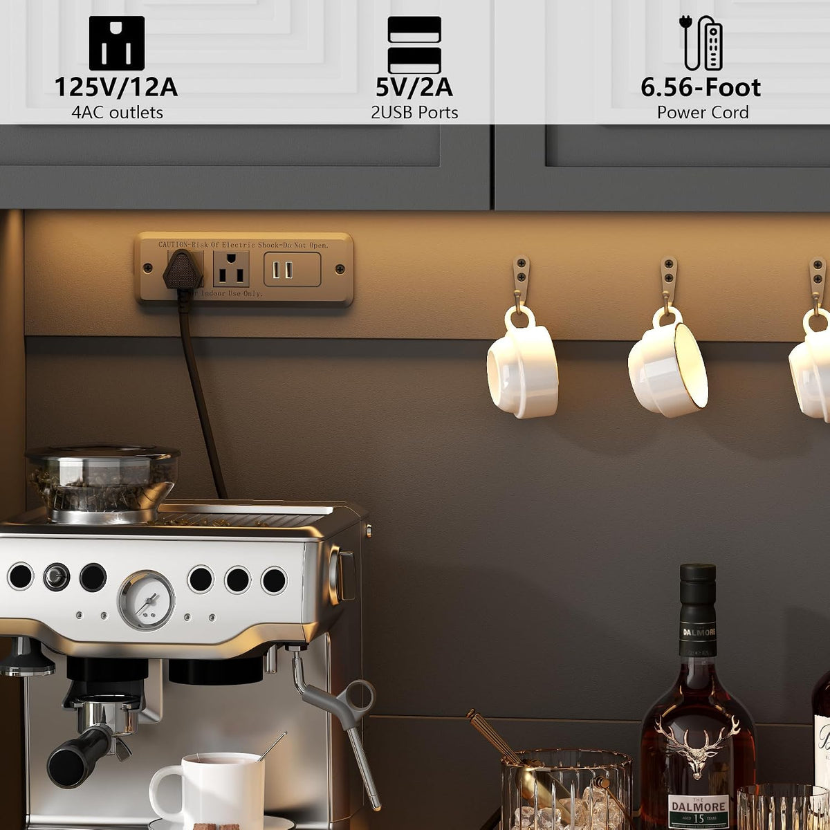 71" Black Kitchen Pantry with Power Outlet, Kitchen Hutch with LED Light