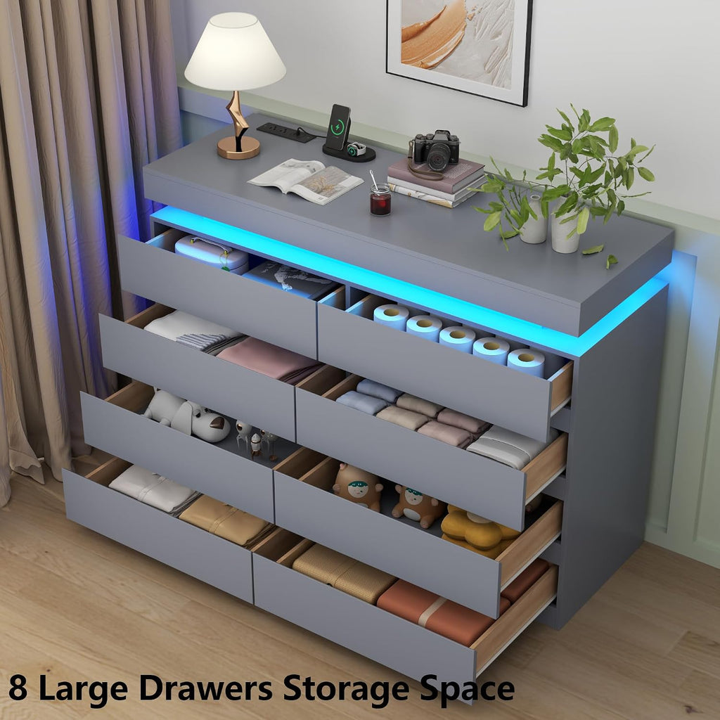 Gyfimoie 8 Drawer Dresser with Power Outlet, Modern Dresser with LED Light
