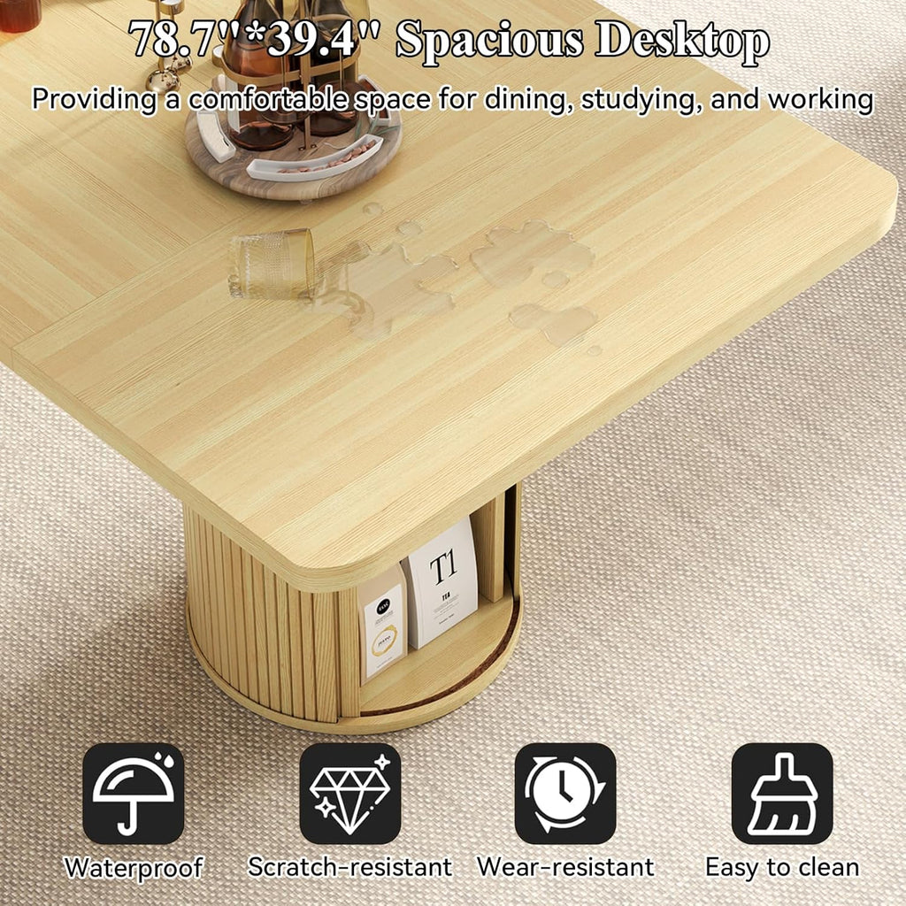 79" Dining Table for 8-10 People, Long Large Kitchen Table with 2-Tier Storage Shelf and Fluted Base, Modern Farmhouse Dinner Tables for Dining Room Kitchen,Living Room,Office (Natural)