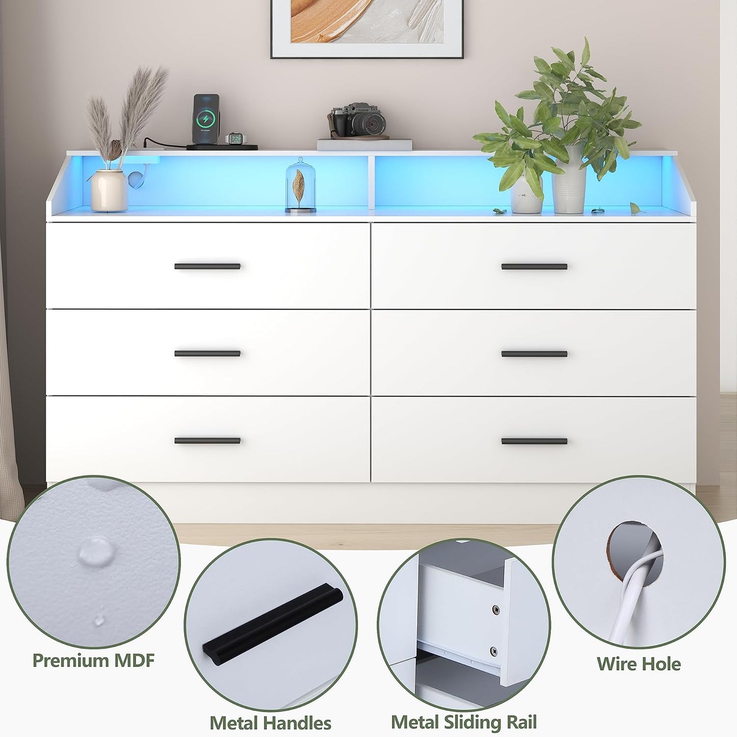 White Dresser for Bedroom, 6 Drawer Dresser with Charging Station, Chests of Drawers with LED Lights, Modern Double Dresser, Storage Cabinet with Drawers for Living Room, Hallway