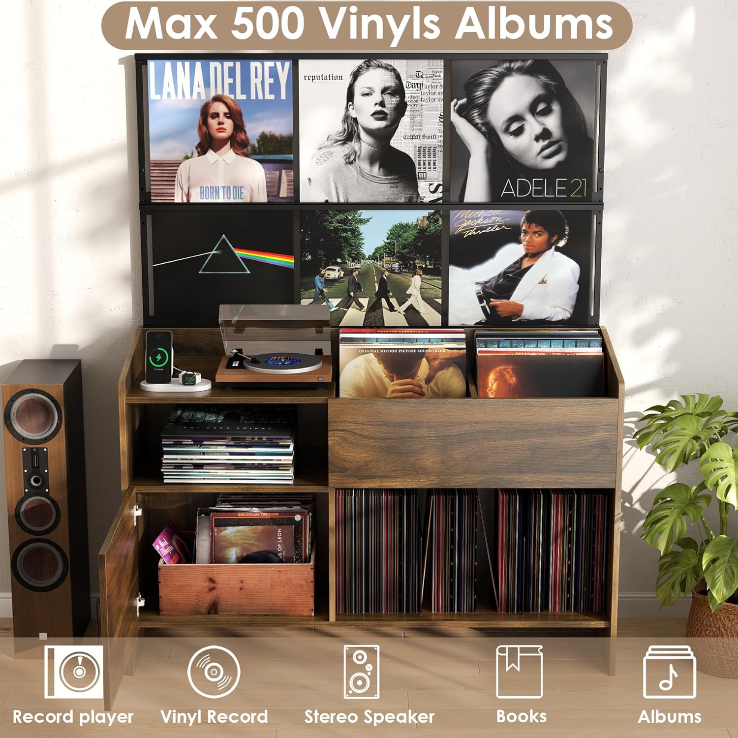 Upgraded Large Record Player Stand, Mid-Century Turntable Stand with Power Outlet, Large Record Player Table Holds Up to 500 Albums, Vinyl Storage Cabinet Display Shelf for Living Room (Walnut)