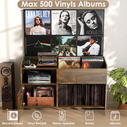 Upgraded Large Record Player Stand, Mid-Century Turntable Stand with Power Outlet, Large Record Player Table Holds Up to 500 Albums, Vinyl Storage Cabinet Display Shelf for Living Room (Walnut)