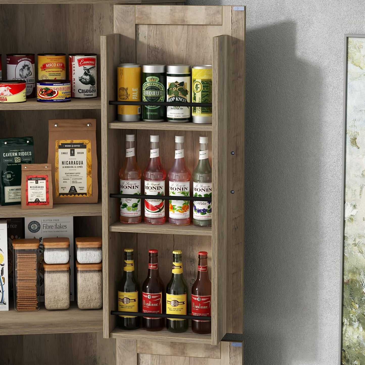 Corner Cabinet,Kitchen Pantry Storage Cabinet,Freestanding Buffet Hutch with 4 Doors and Shelves,Tall Food Pantry Farmhouse Furniture with Side Rack for Kitchen Dining Room(Retro)