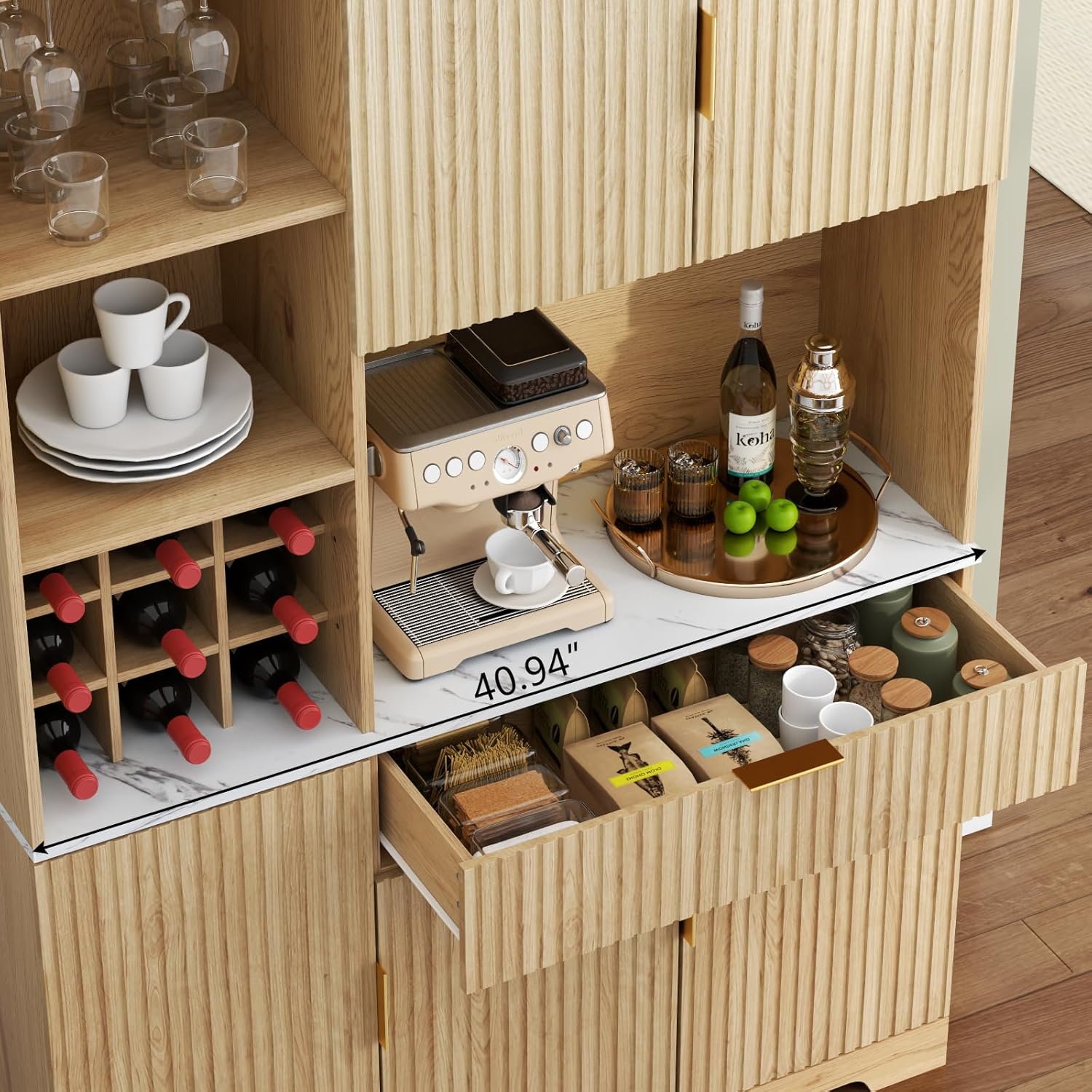 Loomie 72” Tall Kitchen Pantry Cabinet, Fluted Storage Cabinet with Microwave Stand, Wine Bar Cabinet with Storage Hutch, Buffet Sideboard with Drawer & Wine Rack for Dining Room, Natural (Natural)