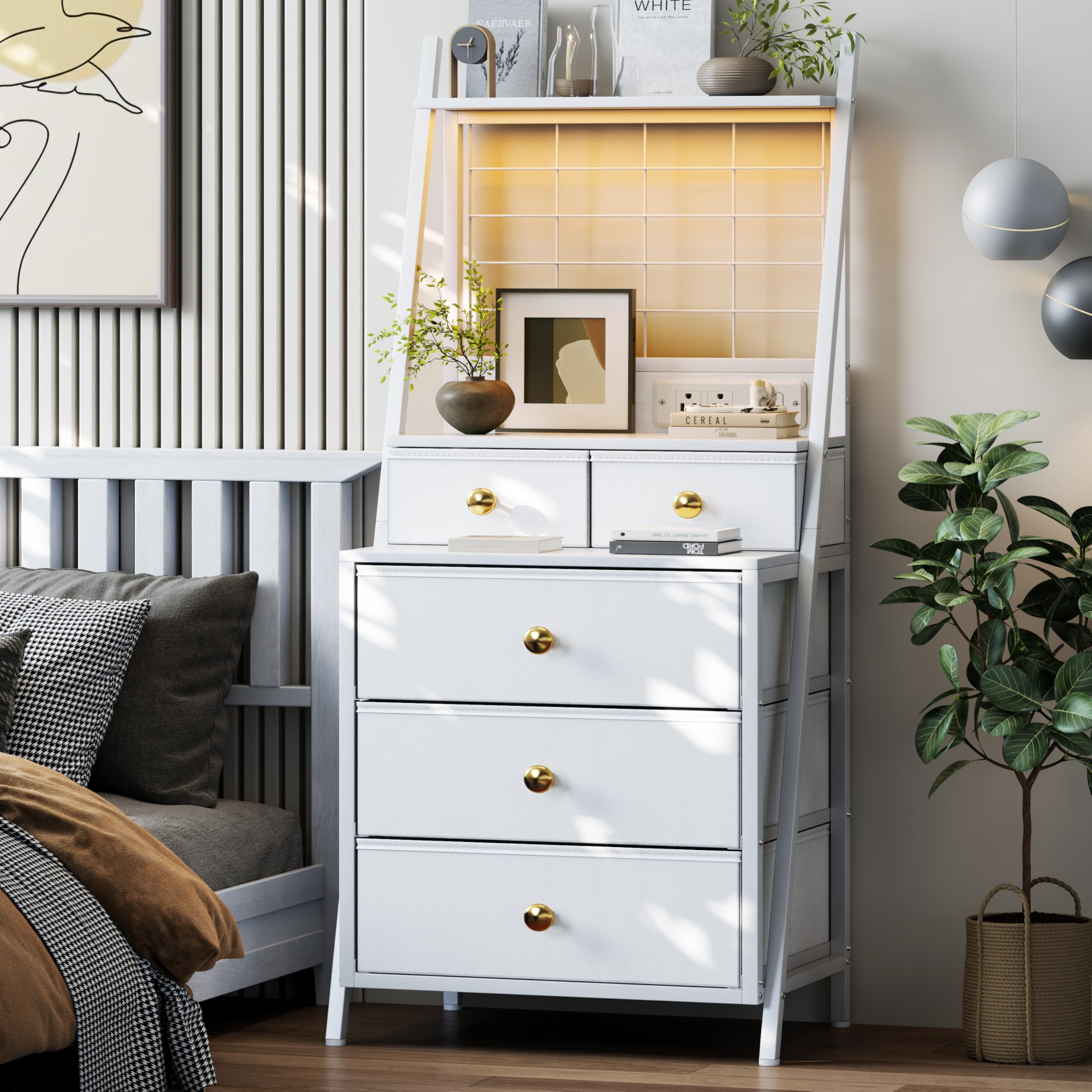 Tall Night Stand with 5 Drawers, White Nightstand with Charging Station LED Night Stand with 3-Tier Storage Shelf for Bedroom Living Room & Dorm (1, Black)