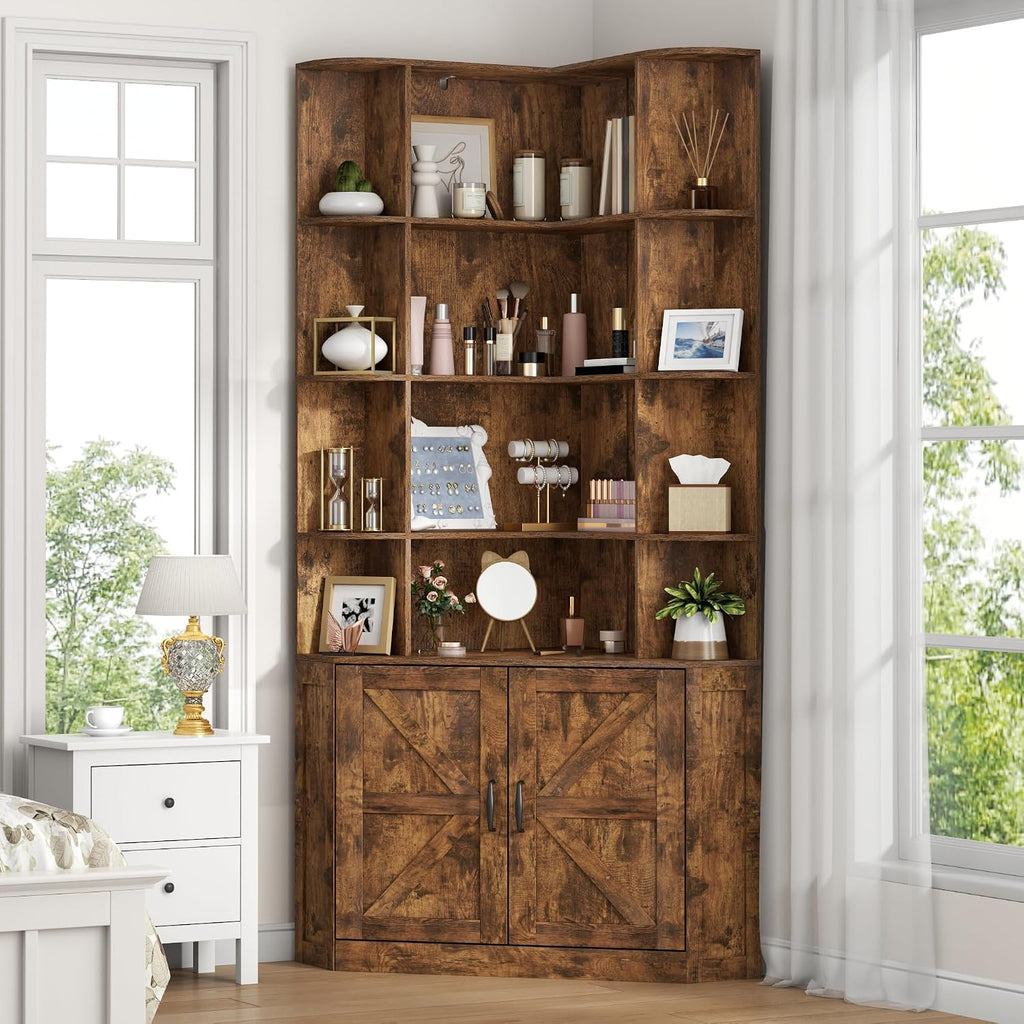 Corner Bookshelf with Doors, 6 Tier Corner Bookcase with Storage Cabinet