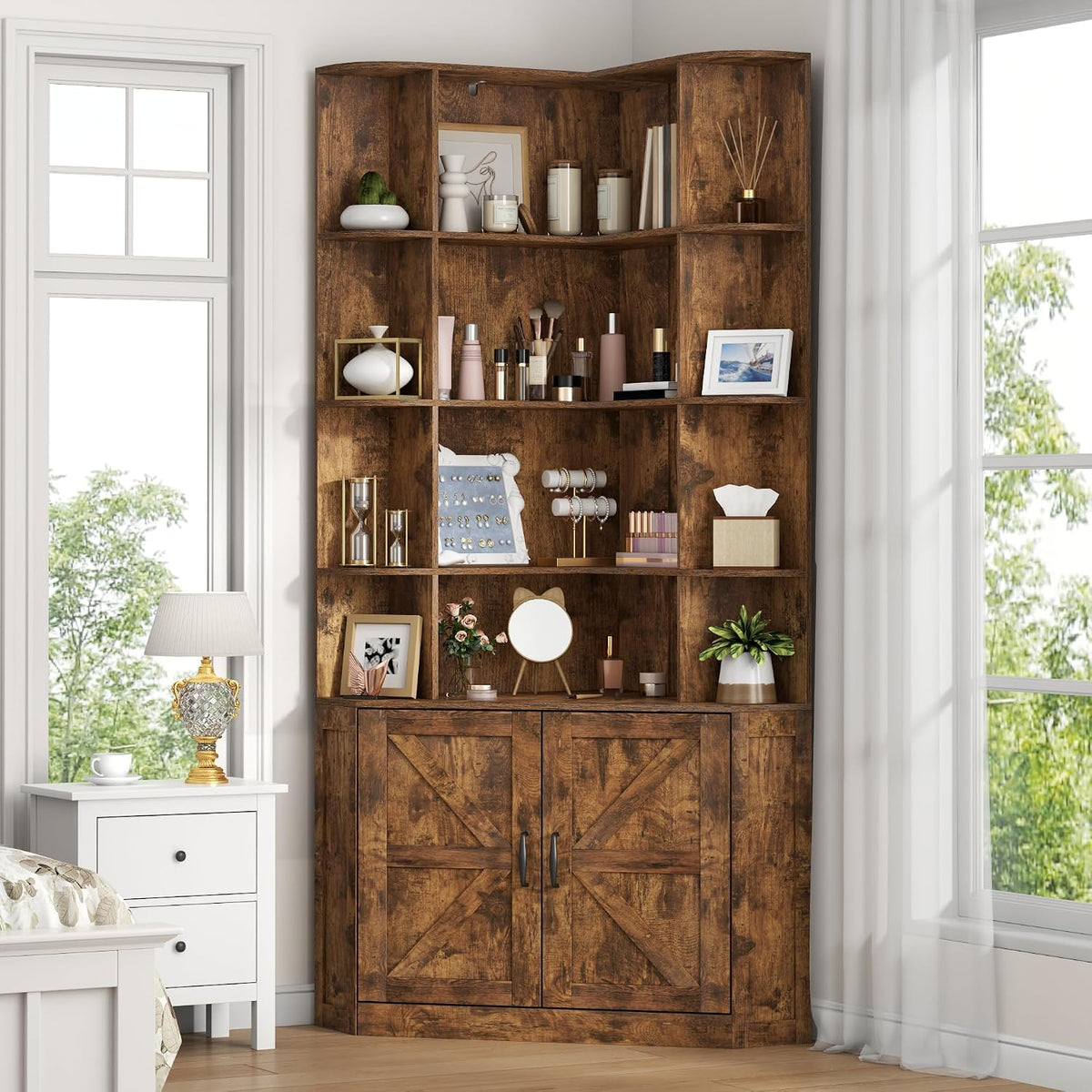 Corner Bookshelf with Doors, 6 Tier Corner Bookcase with Storage Cabinet