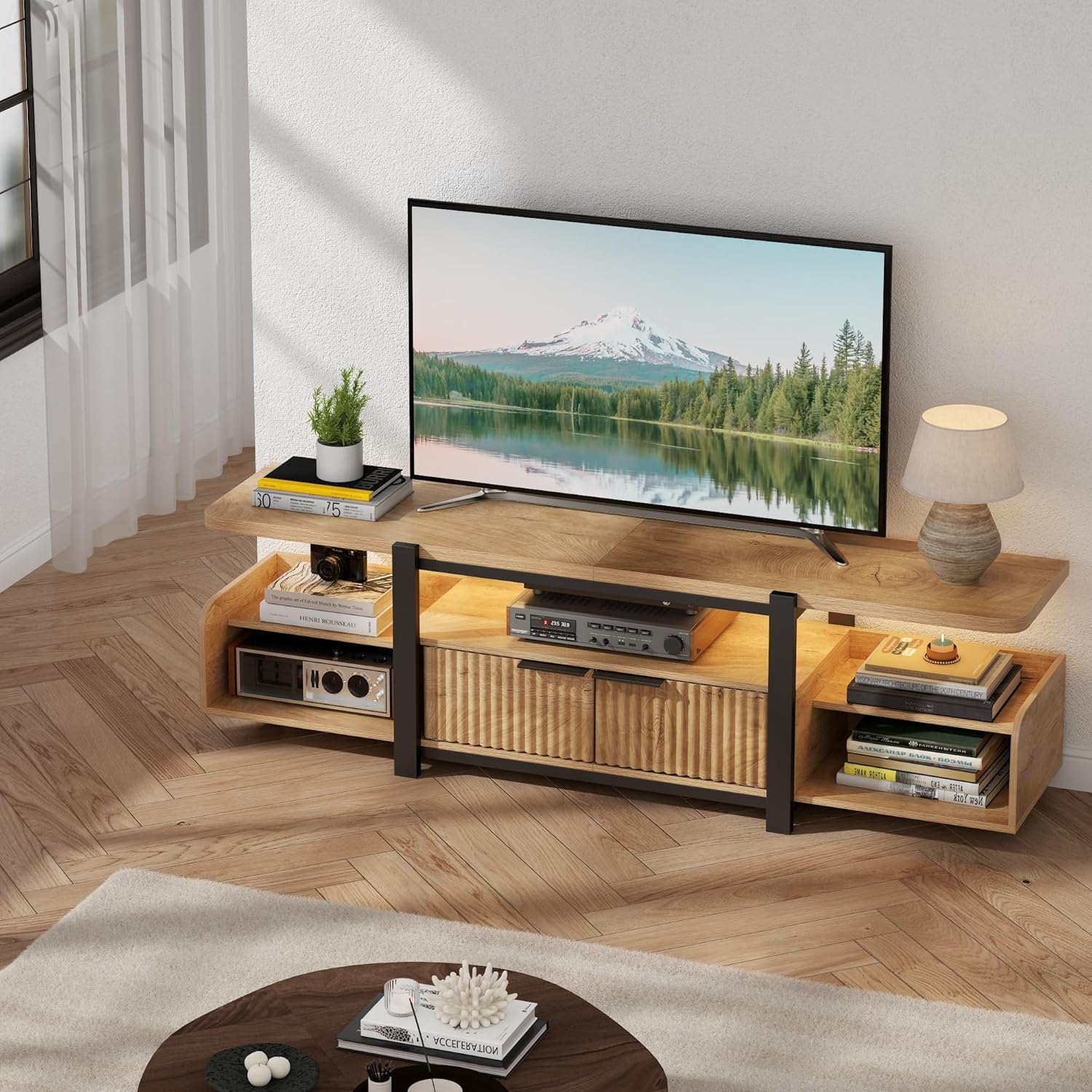 TV Stand with LED Lights and Storage cabinet for TVs up to 55"/65'', Modern Entertainment Center with Open Shelf, TV Cabinet, Media Console Table with Fluted Doors for Living Room, Bedroom, Oak