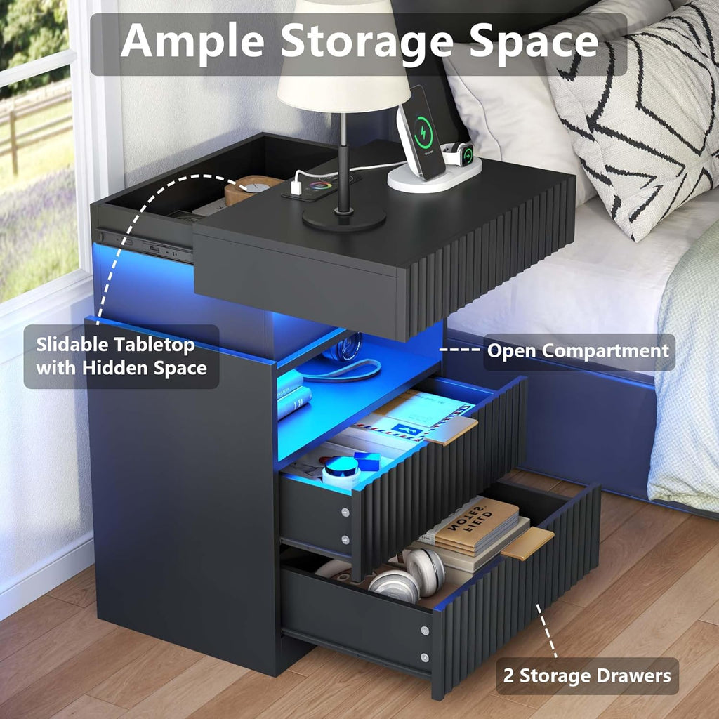 Nightstand Set of 2 with Charging Station and LED Lights, Fluted Night Stand with 2 Drawers &Open Shelf,Modern Bedside Table w/Hidden Compartment for Bedroom,End Side Table for Living Room (2, Black)