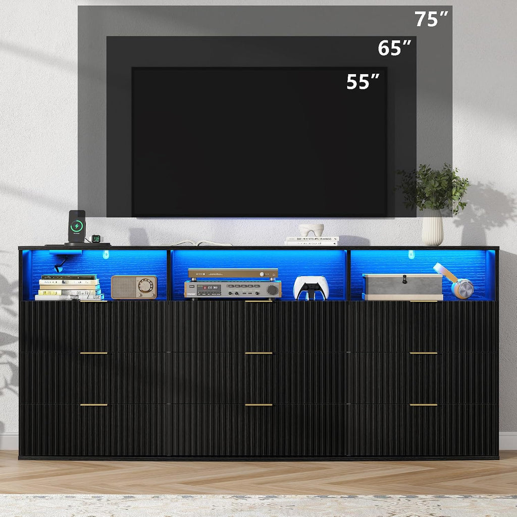 9-Drawer Dresser with 3 Open Cubbies,LED & Power Outlet for Bedroom
