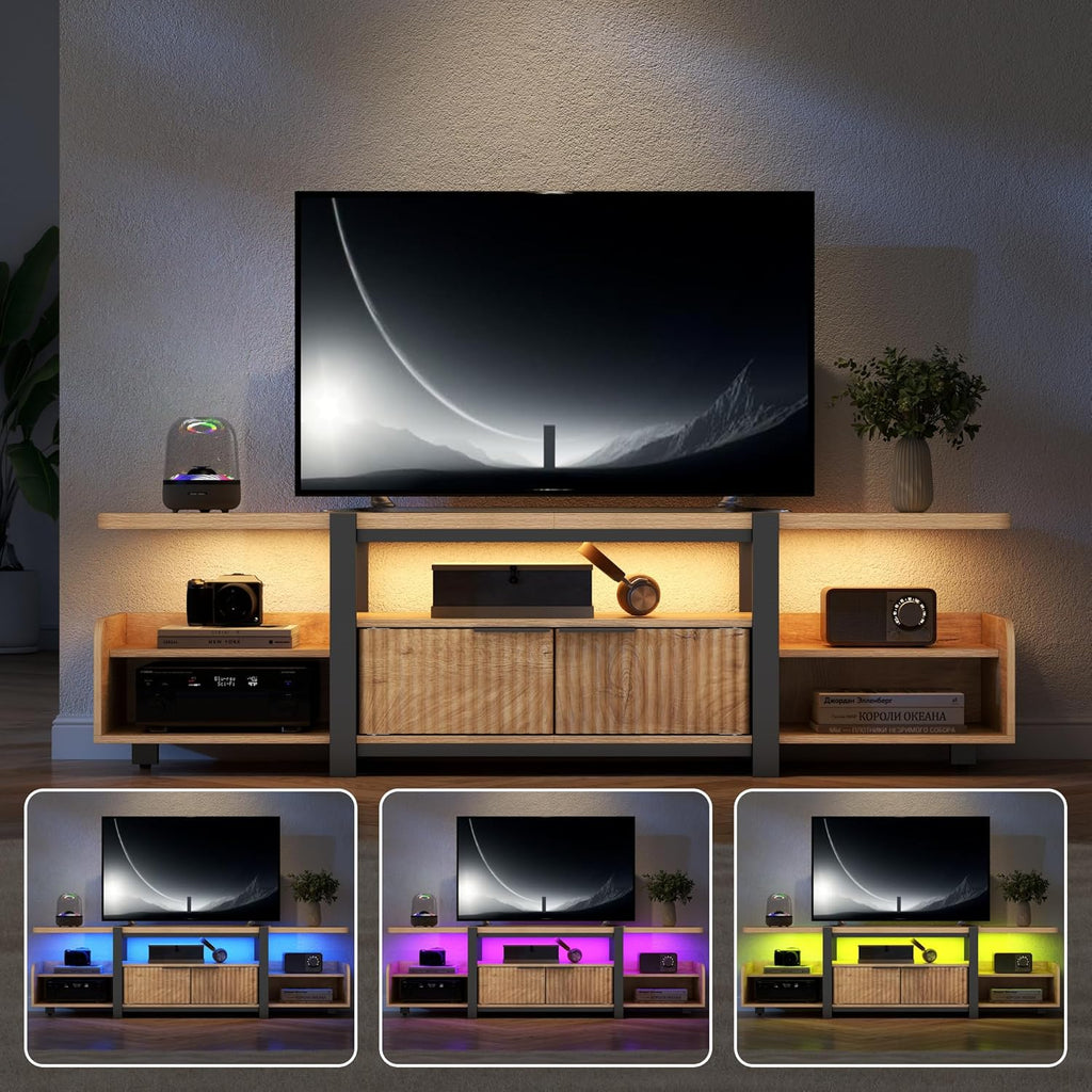 TV Stand with LED Lights and Storage cabinet for TVs up to 55"/65'', Modern Entertainment Center with Open Shelf, TV Cabinet, Media Console Table with Fluted Doors for Living Room, Bedroom, Oak