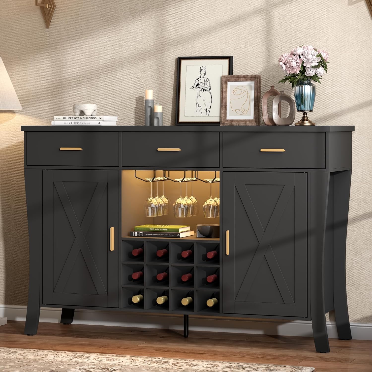 Wine Bar Cabinet with LED Light,Farmhous Liquor cabinet with Wine and Glass Rack,Coffee Station with Storage cabinet and 3 drawers,Buffet Sideboard with Arc Design for Kitchen,living room (Black)