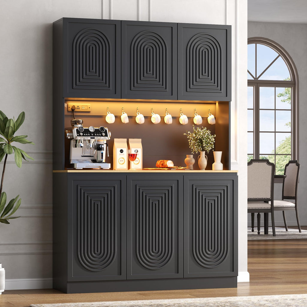 Gyfimoie 71" Kitchen Pantry with Power Outlet & LED Light, Large Kitchen Hutch Cabinet with Adjustable Shelf, Modern Buffet Cabinet with 6 Doors, Food Pantry Storage for Dining Room (White-6 Doors)
