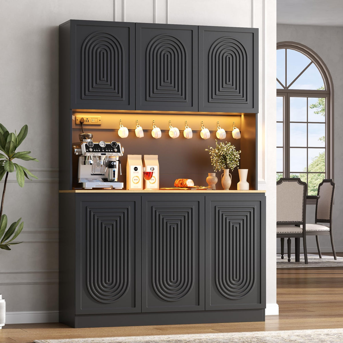 Gyfimoie 71" Kitchen Pantry with Power Outlet & LED Light, Large Kitchen Hutch Cabinet with Adjustable Shelf, Modern Buffet Cabinet with 6 Doors, Food Pantry Storage for Dining Room (White-6 Doors)