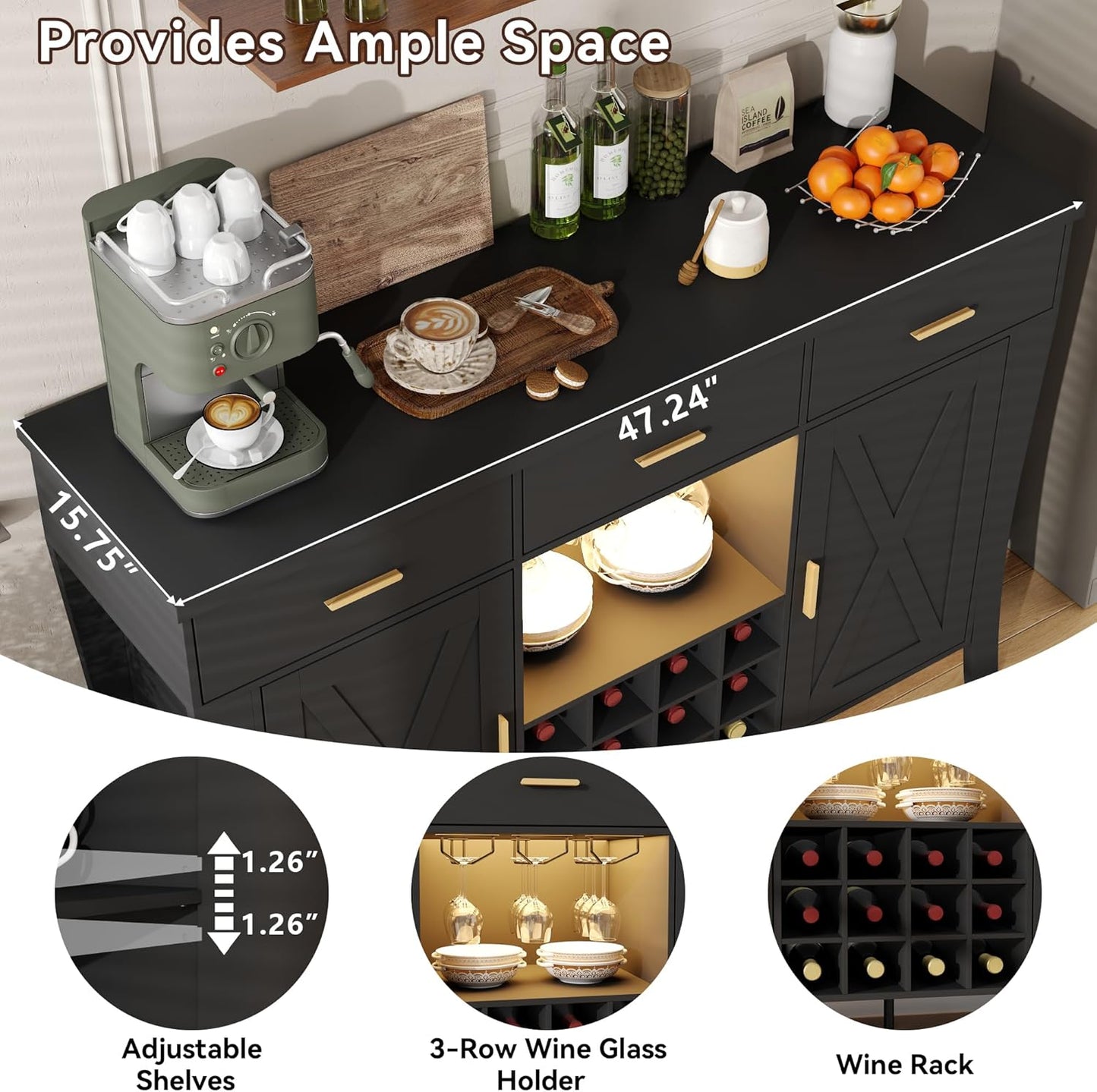Wine Bar Cabinet with LED Light,Farmhous Liquor cabinet with Wine and Glass Rack,Coffee Station with Storage cabinet and 3 drawers,Buffet Sideboard with Arc Design for Kitchen,living room (Black)