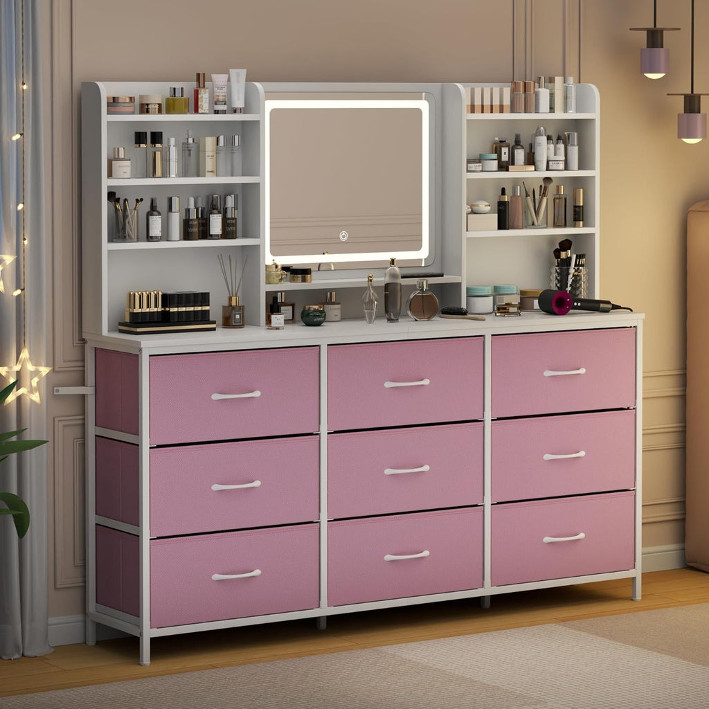 9 Drawers Dresser with LED Mirror for Bedroom, 59" W Chest of Drawers