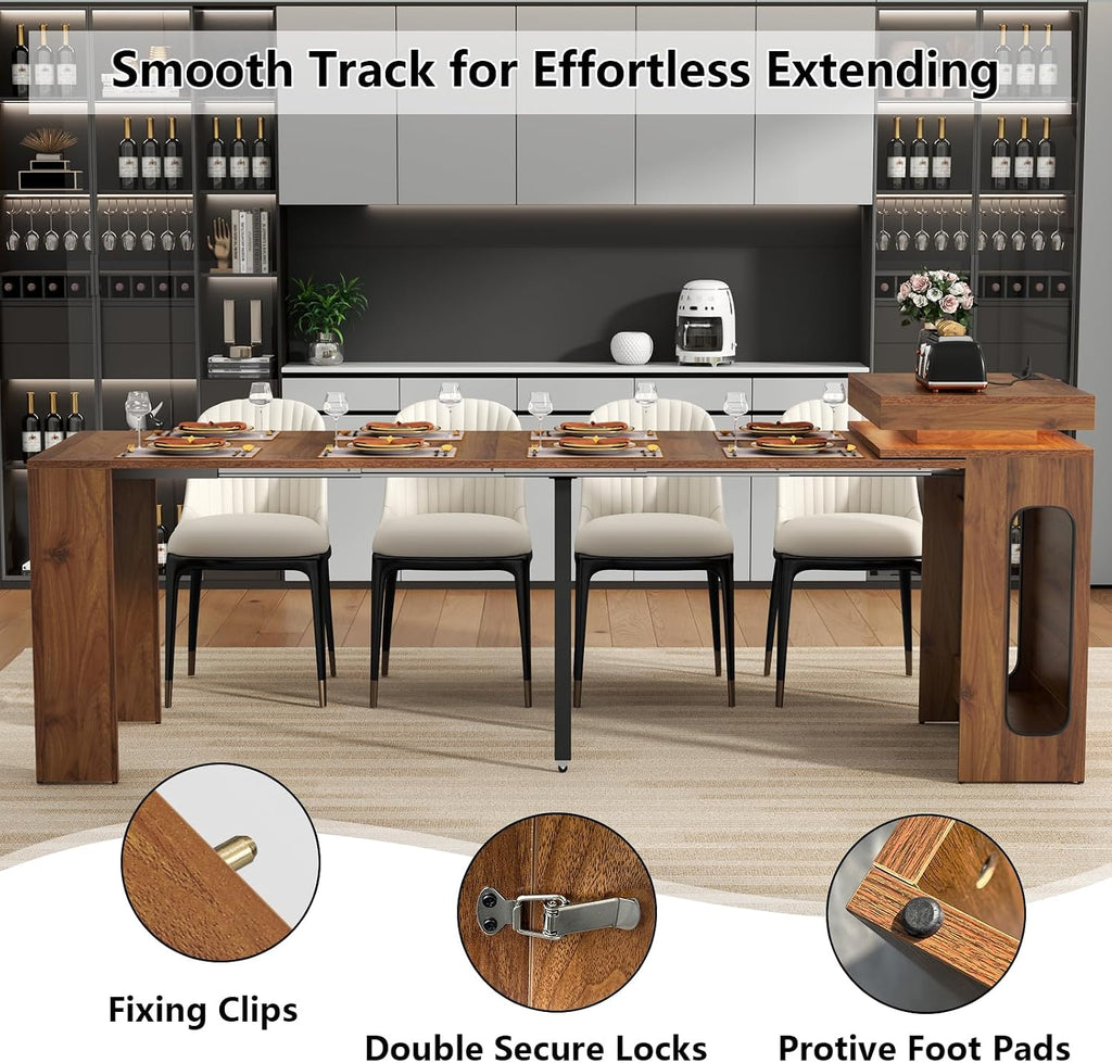 Extendable Dining Table with Charging Station, Convertible Folding Console Table for 6-8 People, Space-Saving Dining Table with LED Lights, Wood Rectangle Kitchen Table for Homes, Walnut (No Chairs)