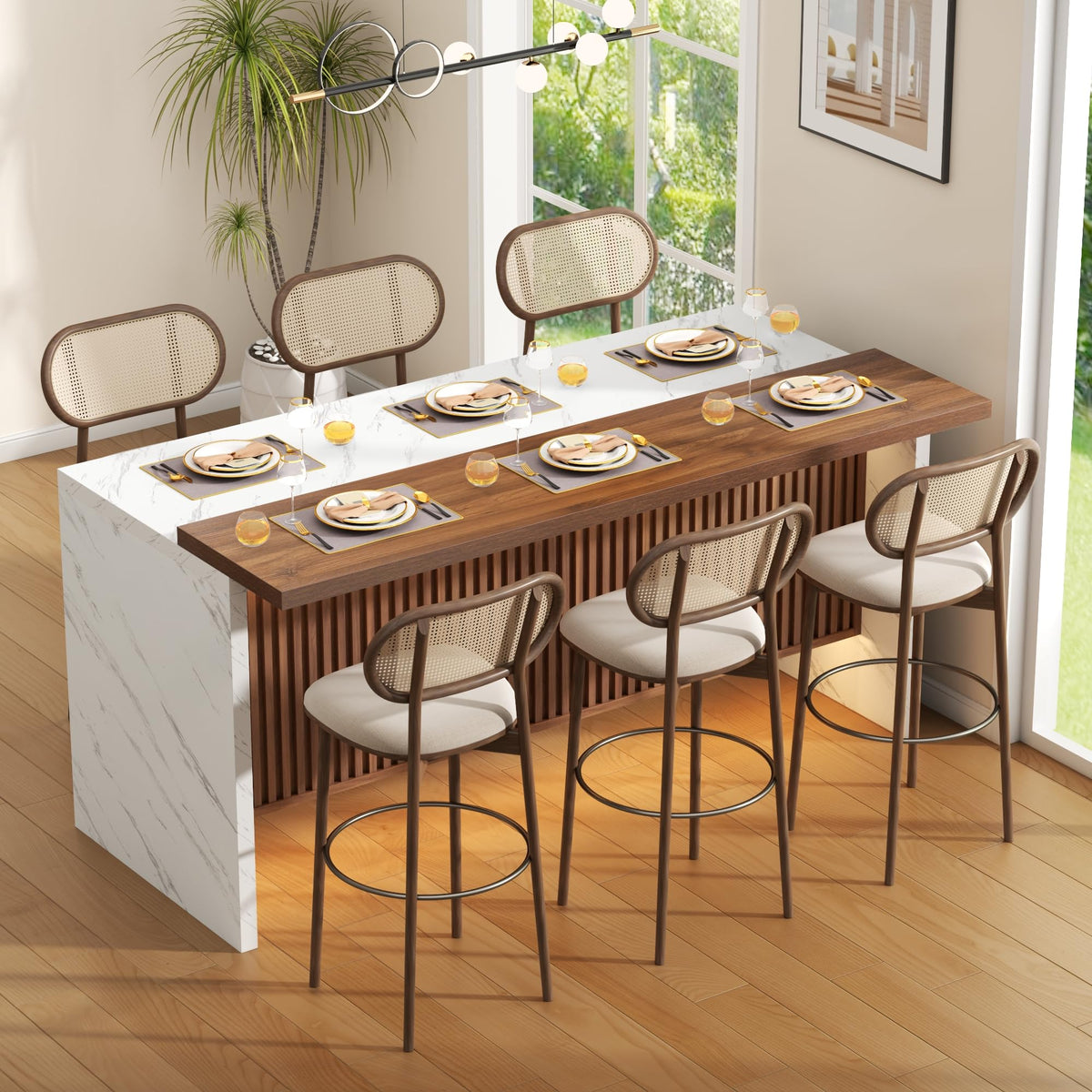 71" Large Imitation Marble Dining Table for 6-8 People, with LED Lights