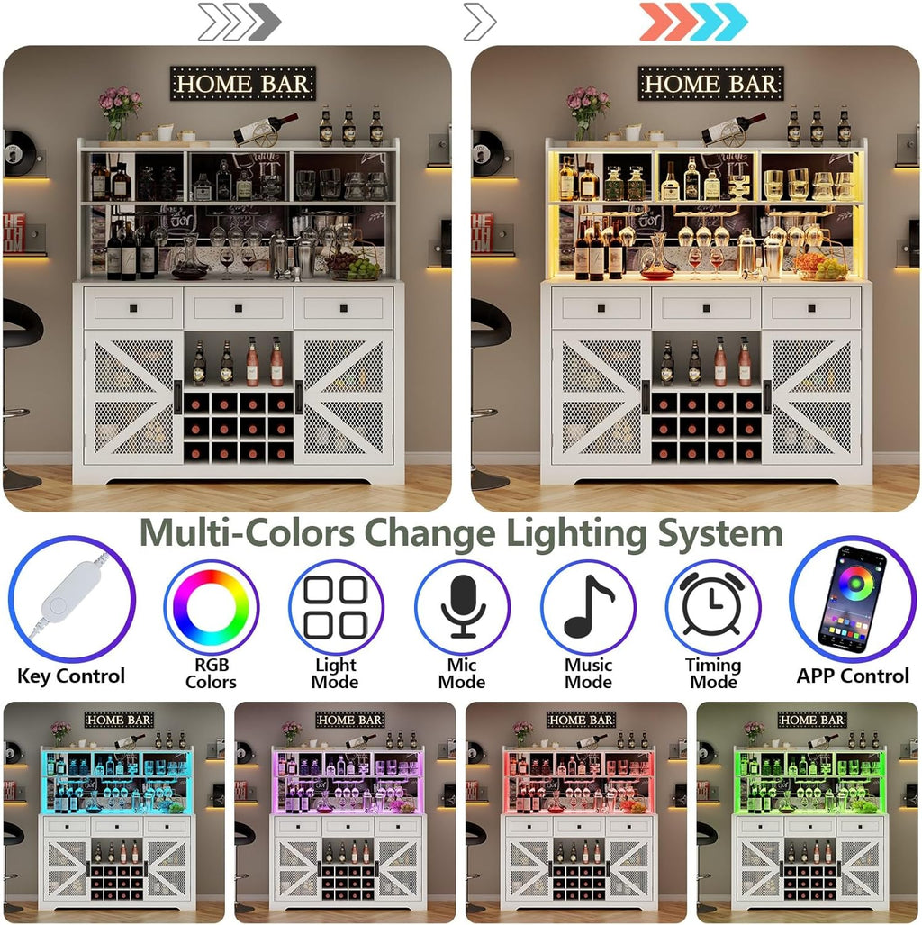 Farmhouse Wine Bar Cabinet with LED Lights, Kitchen Coffee Bar Cabinet with Acrylic Mirror, Wine & Glass Rack, Storage Shelves and 3 Drawers (2-Tier Hutch)