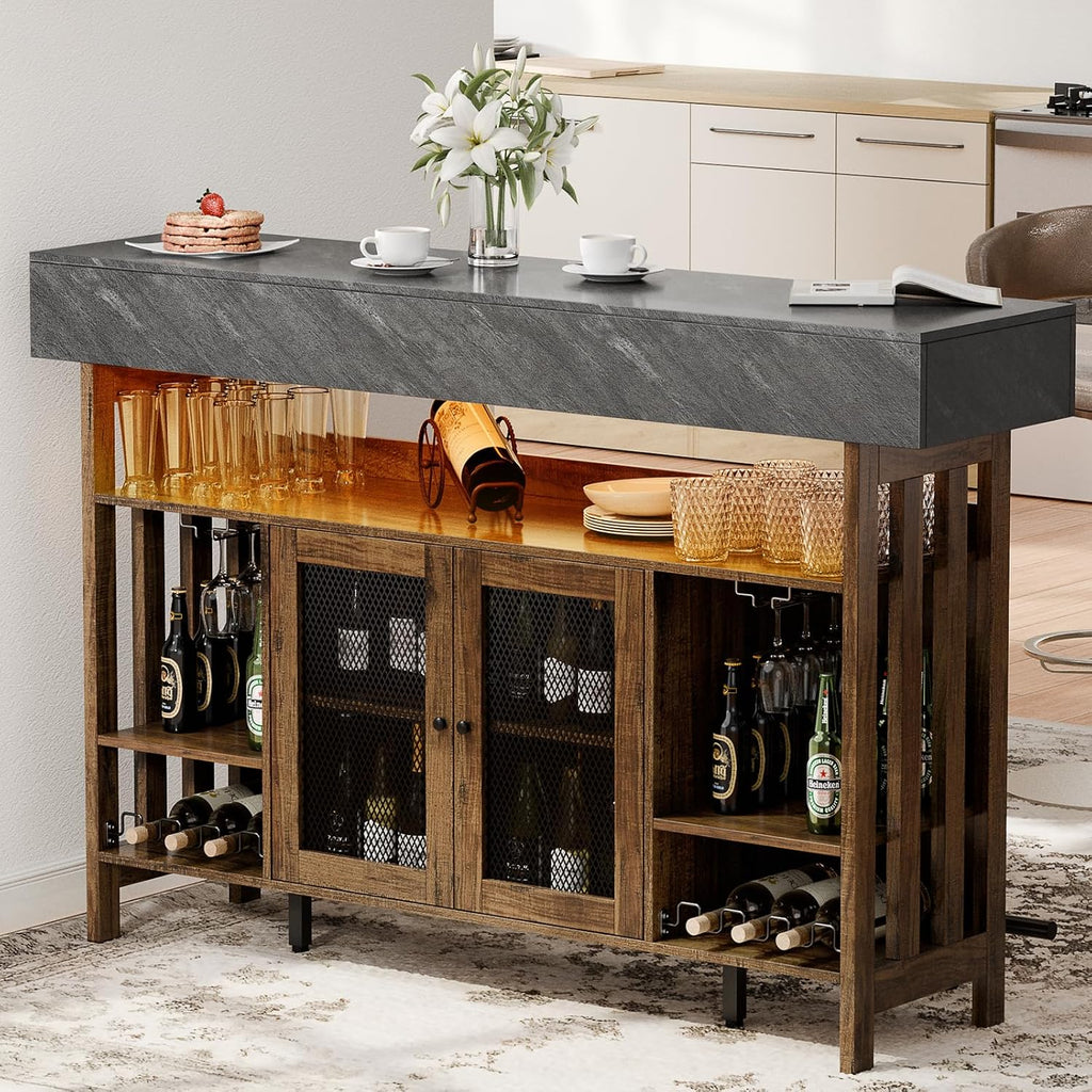 4-Tier Home Bar Unit, 63-Inch Wooden & Dark Gray Marble Bar Cabinet, LED Liquor Bars Station with Footrest, Wine Rack, Cabinet Door and 2 Drawers, Modern Bars Table with Storage for Home, Pub (Brown)