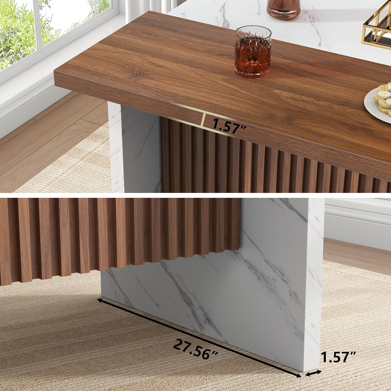 63" Large Imitation Marble Bar Table,Island Table with LED Lights,Mordern Marble Stripes Freestanding Mini Bar with Grille design,Home Bar Unit for Home Kitchen, Living Room, Balcony, Basement (White)