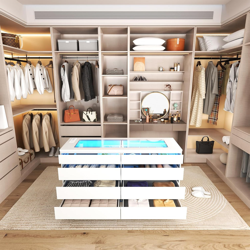 8 Drawer Dresser with Power Outlet, White Dresser for Bedroom Chest of Drawer with Glass Top & LED Light, Modern Double Wide Drawer Organizer Cabinet for Living Room (White)