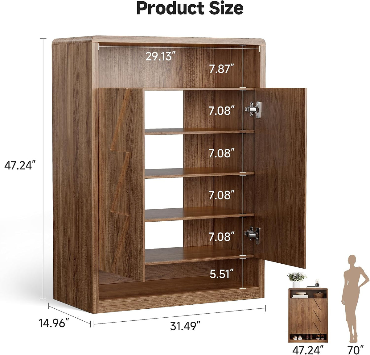 6-Tier Shoe Cabinet with 2 Doors, 47.2" Tall Walnut Shoe Storage Cabinet