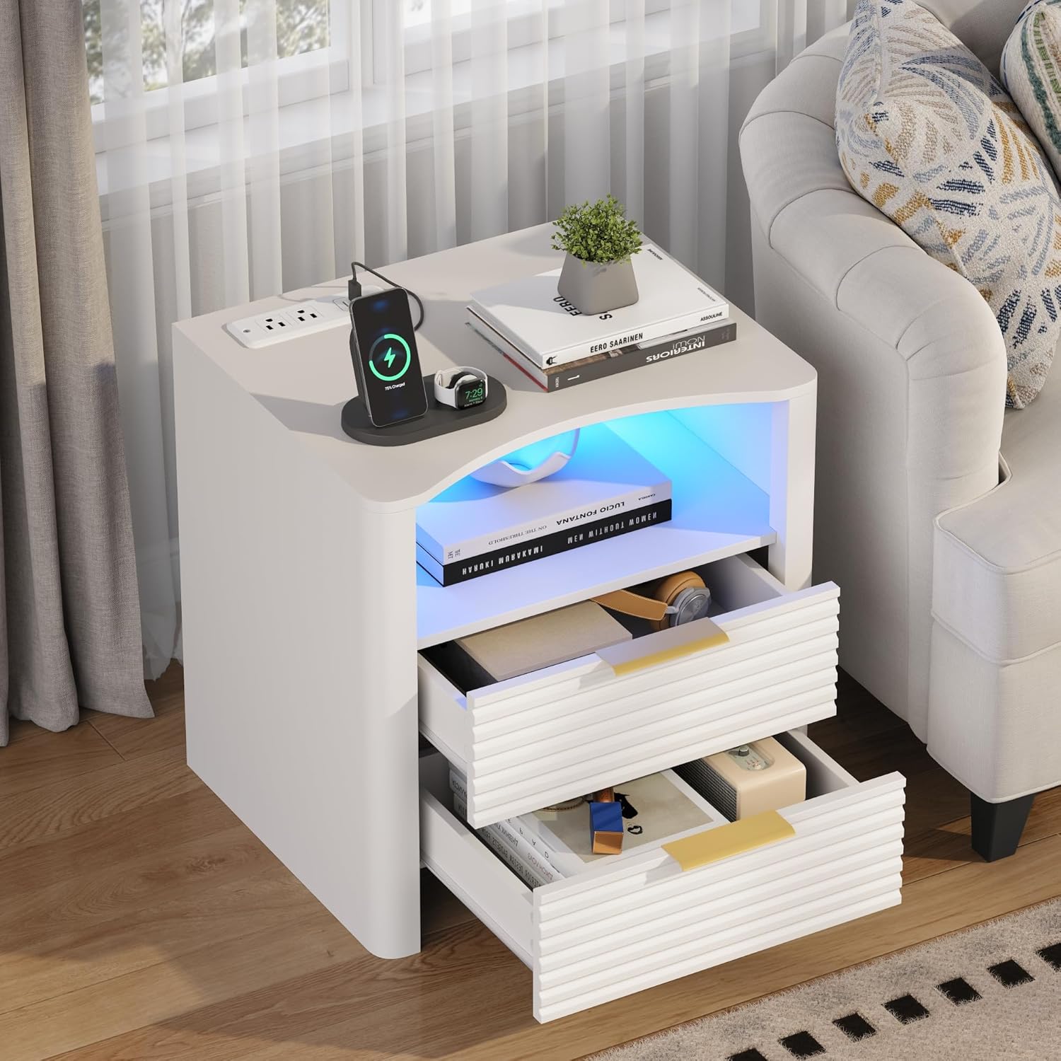 Fluted Night Stand with Charging Station, White Nightstand with LED Lights, Modern Bedside Table with 2 Large Drawers, End Table with Open Storage Shelf, Night Stands for Bedroom, Living Room