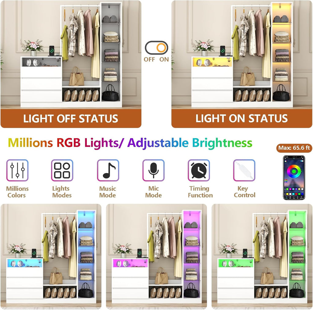 Armoire Wardrobe Closet with Hanging Rod & 3 Drawers, Large Clothing Storage Cabinet with Charging Station & Led Lights, Closet Organizers and Storage with Adjustable Shelf, White Dresser for Bedroom