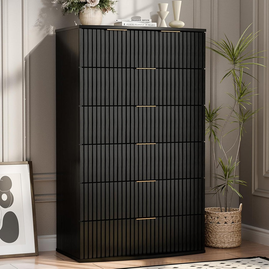 Tall Black Dresser with 6 Drawers, Fluted Chest of Drawers with Curved Tabletop, Black and Gold Vertical Dresser with Metal Handle, Modern Storage Wooden Dressers for Bedroom, Living Room (Black)