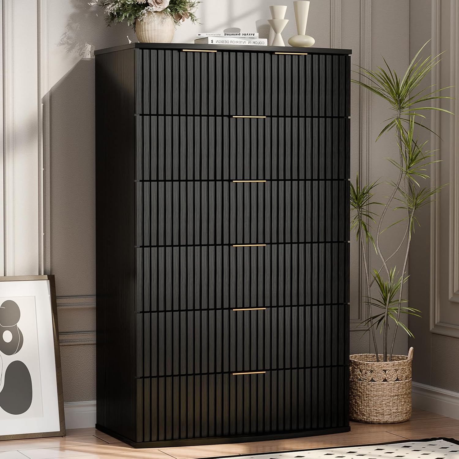 Tall Black Dresser with 6 Drawers, Fluted Chest of Drawers with Curved Tabletop, Black and Gold Vertical Dresser with Metal Handle, Modern Storage Wooden Dressers for Bedroom, Living Room (Black)
