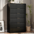 Tall Black Dresser with 6 Drawers, Fluted Chest of Drawers with Curved Tabletop, Black and Gold Vertical Dresser with Metal Handle, Modern Storage Wooden Dressers for Bedroom, Living Room (Black)