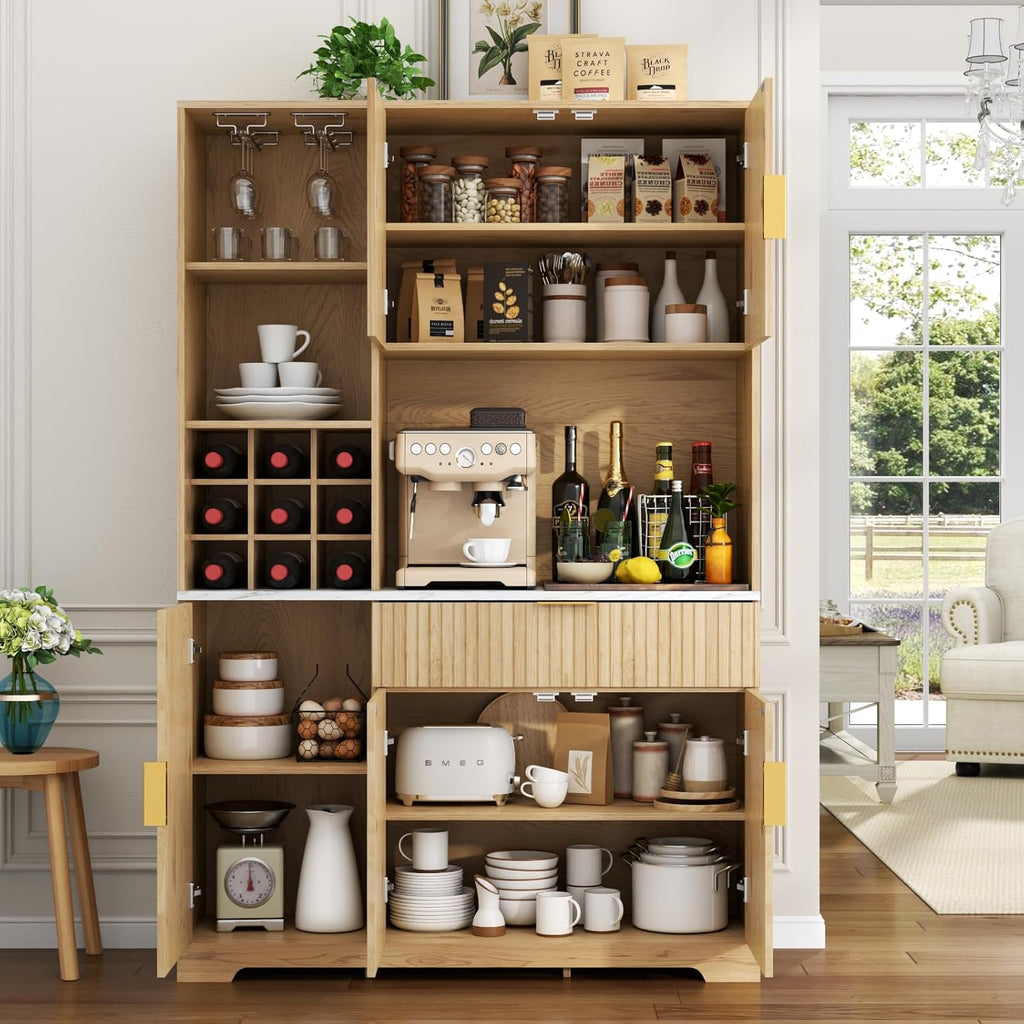 Loomie 72” Tall Kitchen Pantry Cabinet, Fluted Storage Cabinet with Microwave Stand, Wine Bar Cabinet with Storage Hutch, Buffet Sideboard with Drawer & Wine Rack for Dining Room, Natural (Natural)