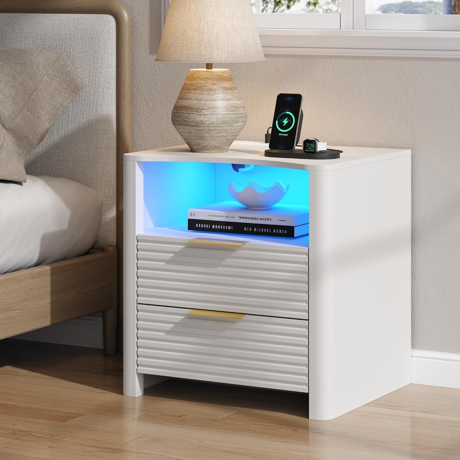 Fluted Night Stand with Charging Station, White Nightstand with LED Lights, Modern Bedside Table with 2 Large Drawers, End Table with Open Storage Shelf, Night Stands for Bedroom, Living Room