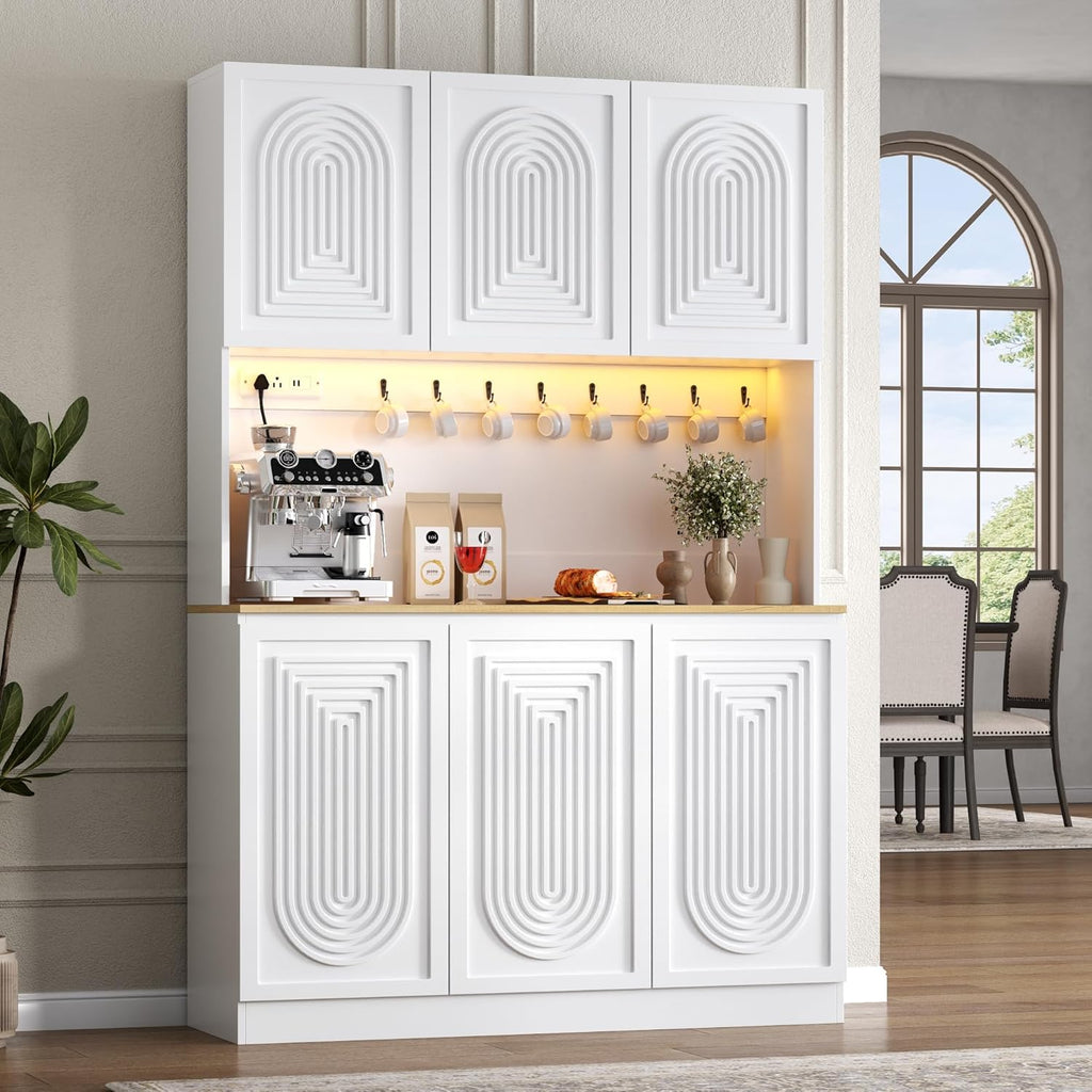 Gyfimoie 71" Kitchen Pantry with Power Outlet & LED Light, Large Kitchen Hutch Cabinet with Adjustable Shelf, Modern Buffet Cabinet with 6 Doors, Food Pantry Storage for Dining Room (White-6 Doors)