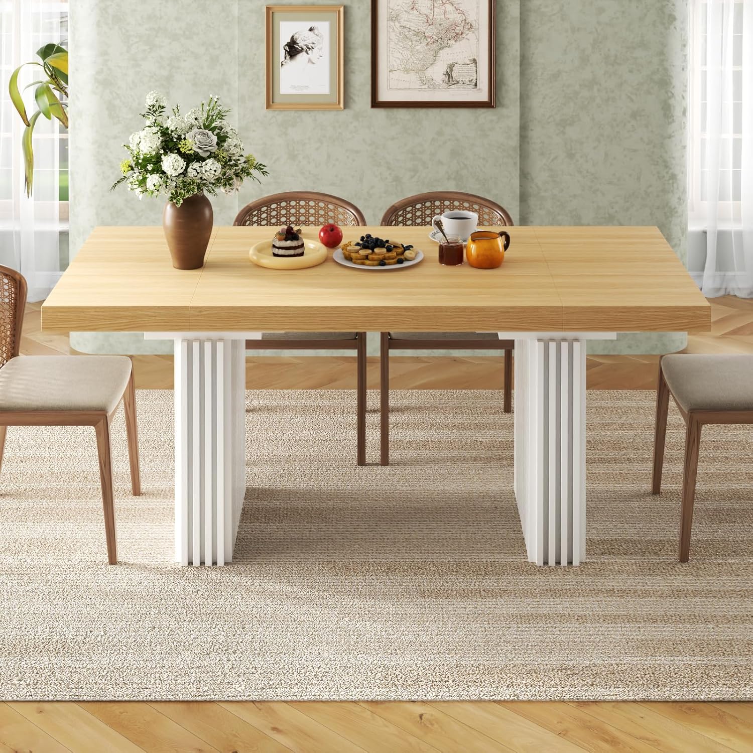 71" Large Dining Table for 6-8,Modern Rectangle Kitchen Table with Strip Base,Wood Dining Room Tables with Heavy Duty Legs for Kitchen, Dining Room (Natural)