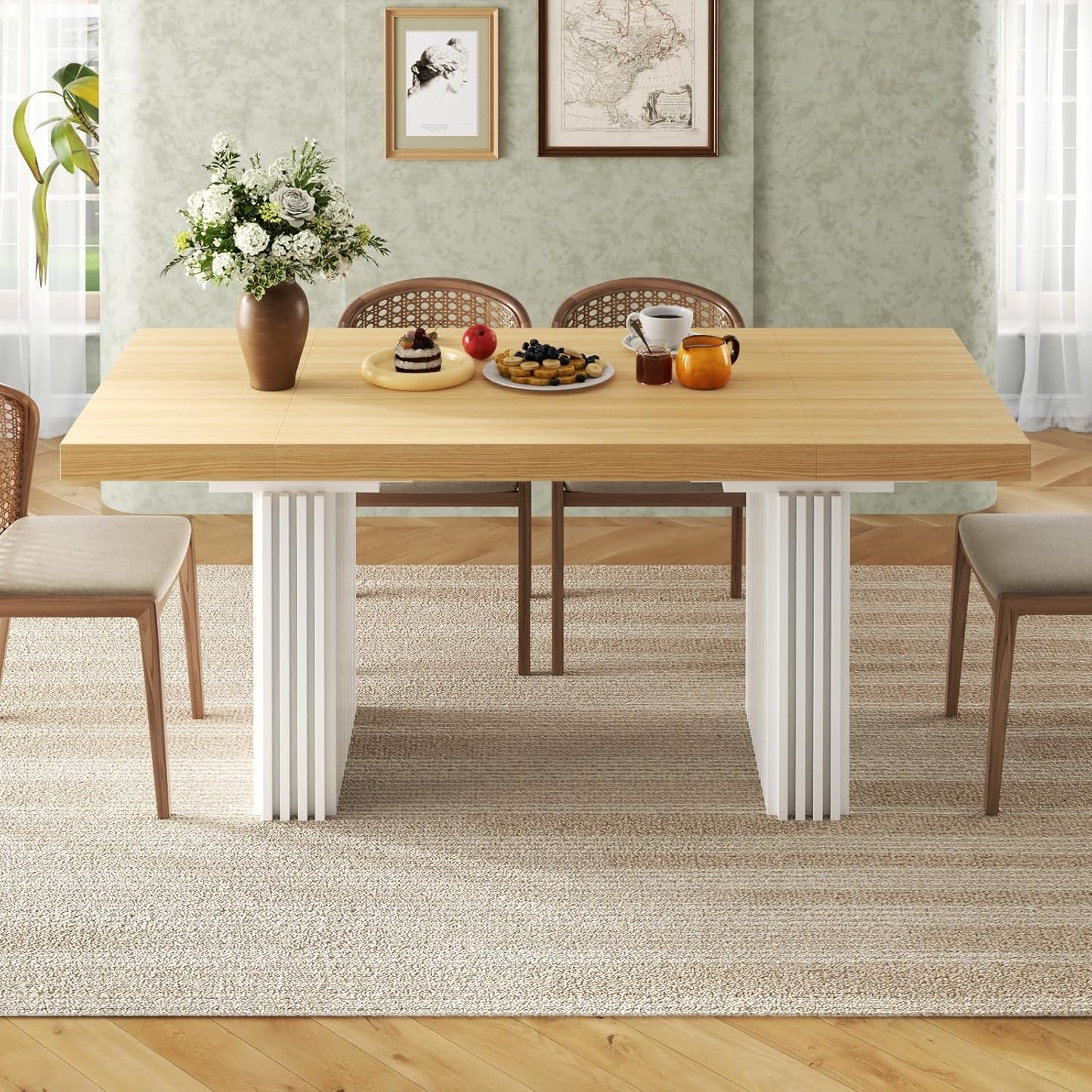 71" Large Dining Table for 6-8,Wood Dining Room Tables with Strip Base,Modern Rectangle Kitchen Table with Heavy Duty Legs for Kitchen, Dining Room (Natural)