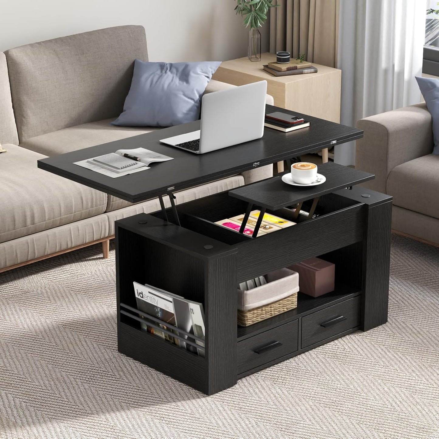 Lift Top Coffee Table, 4 in 1 Multi-Function Coffee Table with Storage Shelf and Hidden Compartment, Center Table with Large Drawers, Converts to Dining Table for Living Room, Home Office (Black)
