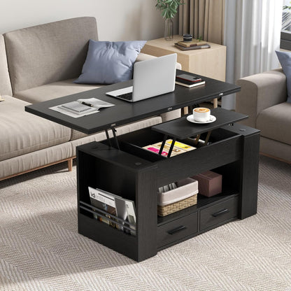 Lift Top Coffee Table, 4 in 1 Multi-Function Coffee Table with Storage Shelf and Hidden Compartment, Center Table with Large Drawers, Converts to Dining Table for Living Room, Home Office (Black)