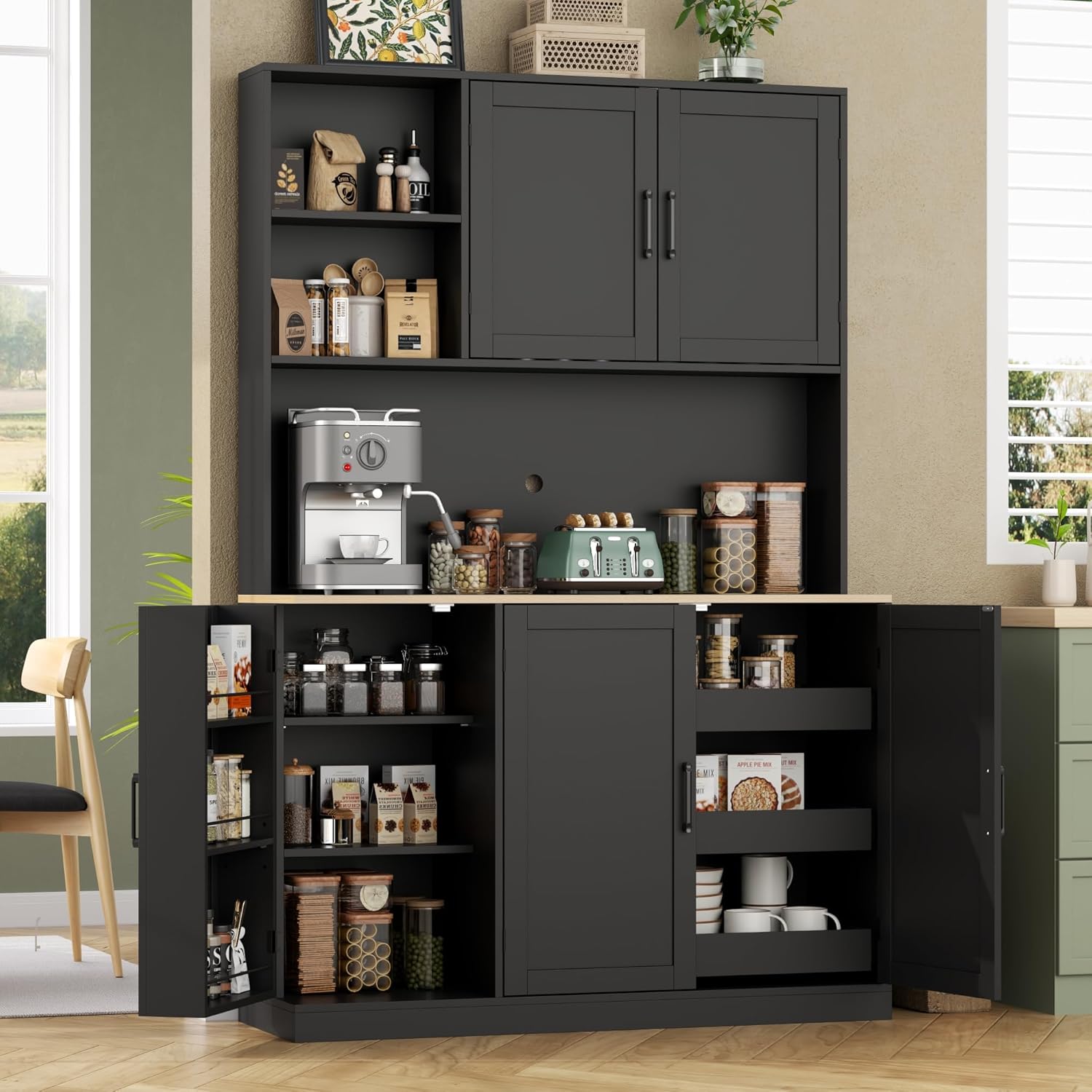 71" Tall kitchen Pantry Storage Cabinet, Modern Kitchen Hutch with 3 Pull-out Drawers, Kitchen Pantries with Microwave Stand & Door Shelf, Food Pantry with Adjustable Shelves for Dining Room (Black)