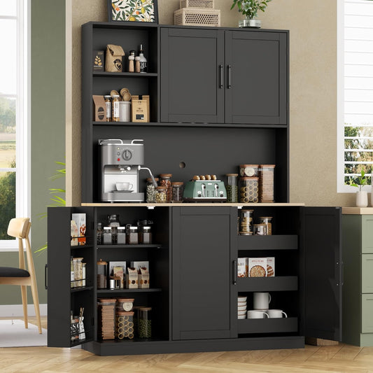 71" Tall kitchen Pantry Storage Cabinet, Modern Kitchen Hutch with 3 Pull-out Drawers, Kitchen Pantries with Microwave Stand & Door Shelf, Food Pantry with Adjustable Shelves for Dining Room (Black)