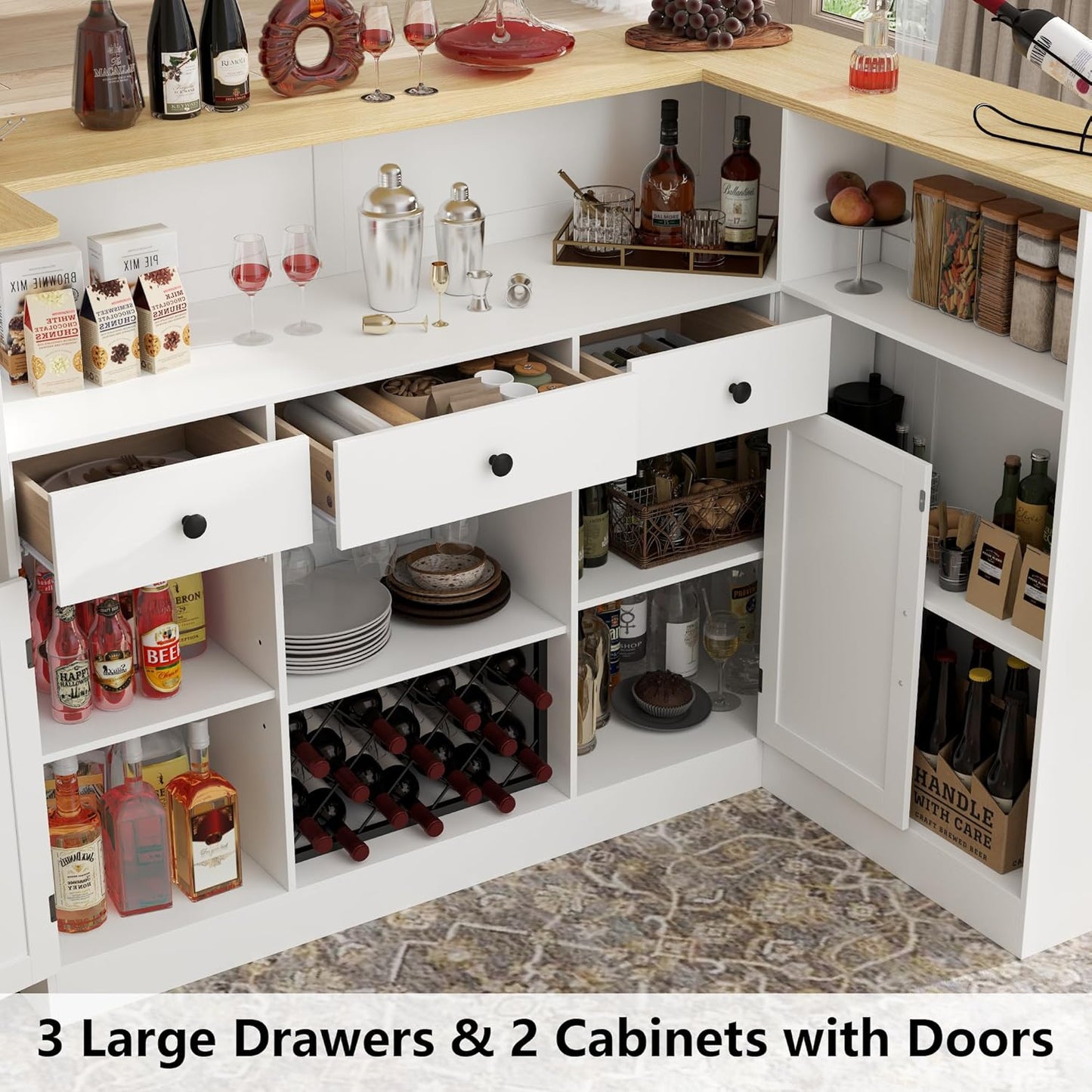 Bar Cabinet, L-Shaped Home Bar Table with Drawers and Doors, Corner Bar Unit with Stemware Racks, Liquor Wine Bar Cabinet with Storage Shelves for Home Pub