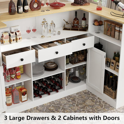 Bar Cabinet, L-Shaped Home Bar Table with Drawers and Doors, Corner Bar Unit with Stemware Racks, Liquor Wine Bar Cabinet with Storage Shelves for Home Pub