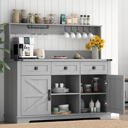 Farmhouse Bar Cabinet with Hutch, Kitchen Buffet Cabinet with Storage Cabinet & 3 Sliding Drawers, Adjustable Shelf, Goblet Holder, Cup Hooks for Living Room, Dining Room Use (Grey)