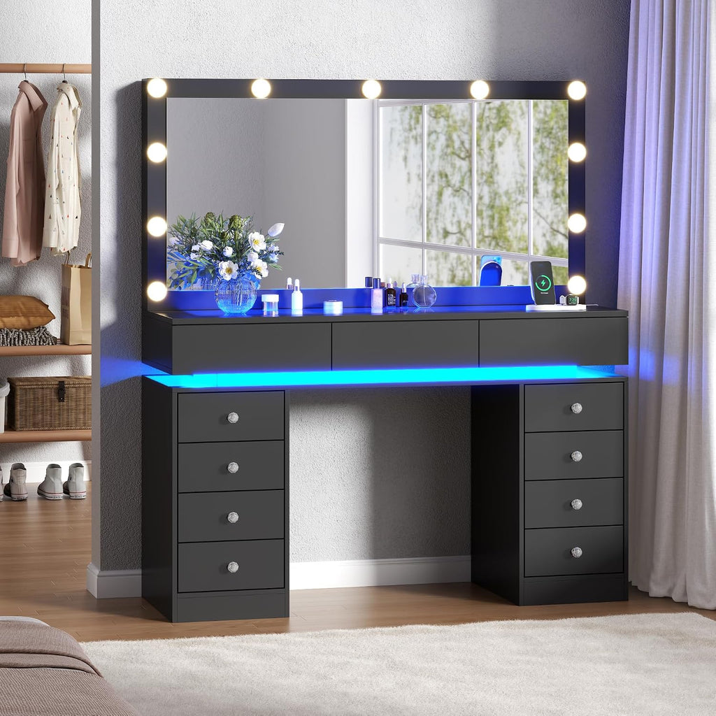 47" Vanity Desk with Lighted Mirror, Black Makeup Table with Glass Top