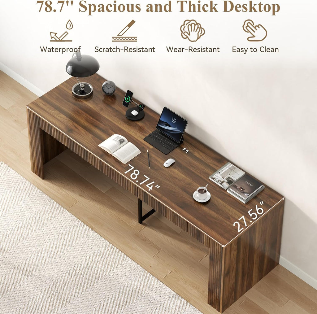 78.74" Executive Desk, Large Office Desk with 2 Drawer, Farmhouse Wooden Computer Desk Writing Table Conference Workstation Table for Office, Study, Dark Brown