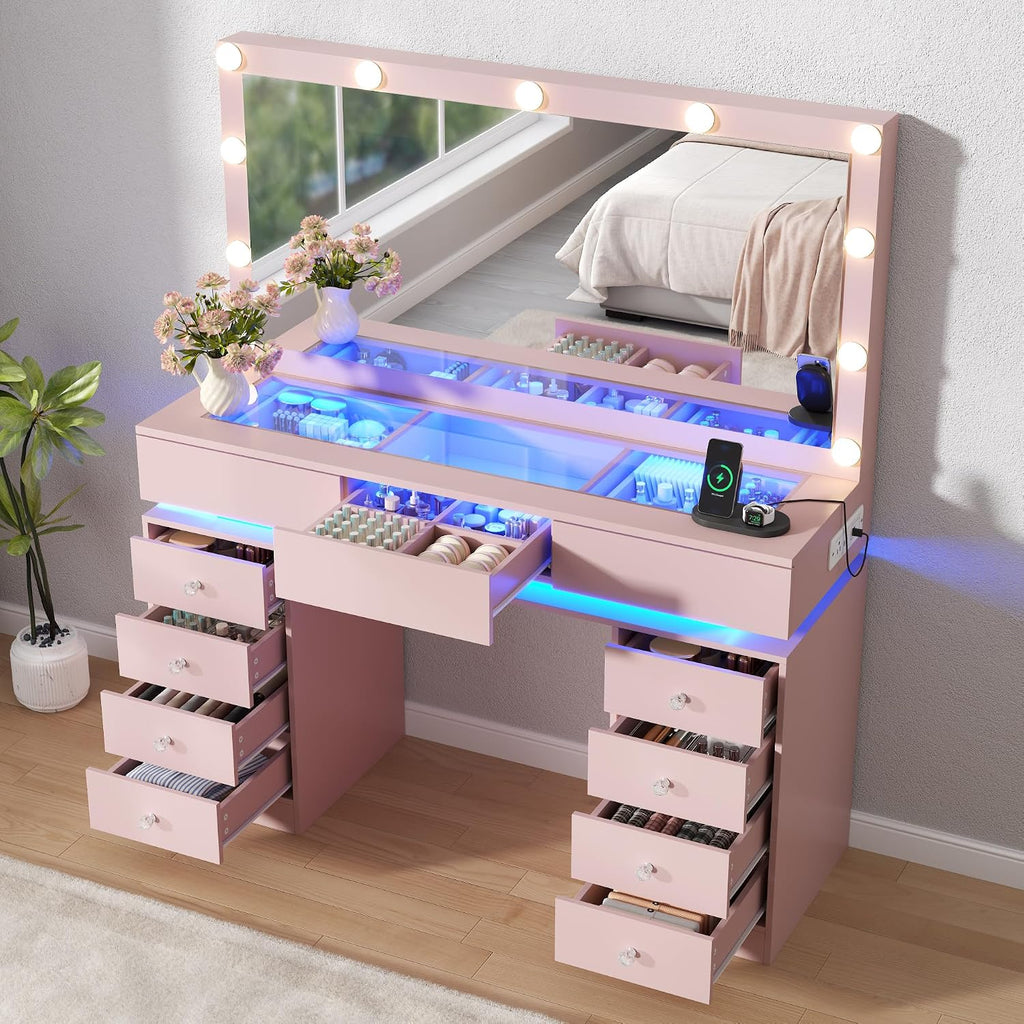 47" Vanity Desk with Mirror and Lights, Pink Makeup Table with Glass Top