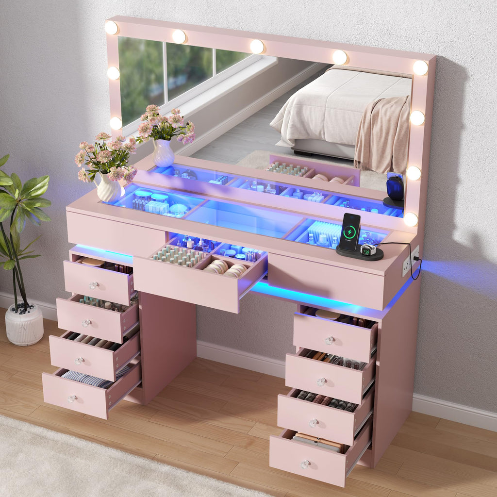 47" Vanity Desk with Lighted Mirror, Black Makeup Table with Glass Top