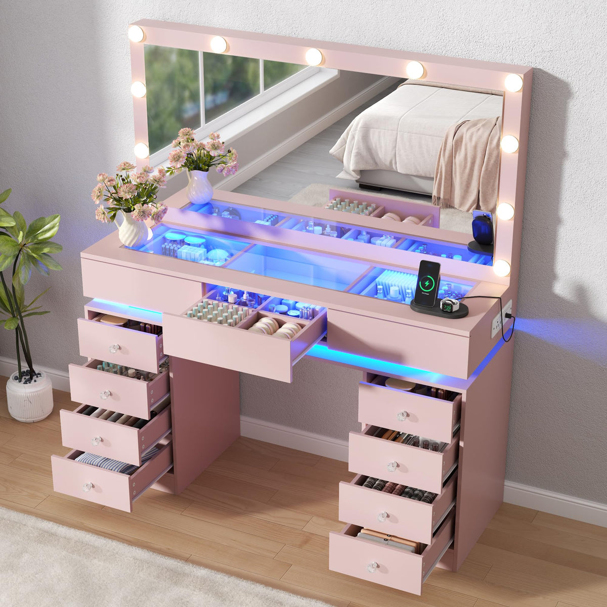 47" Vanity Desk with Lighted Mirror, Black Makeup Table with Glass Top