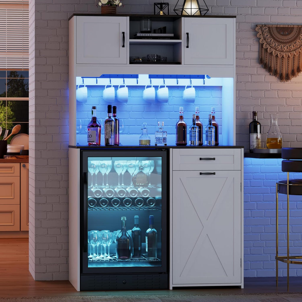 73'' Tall White Coffee Bar Cabinet with Fridge Space & Power Outlet & Led